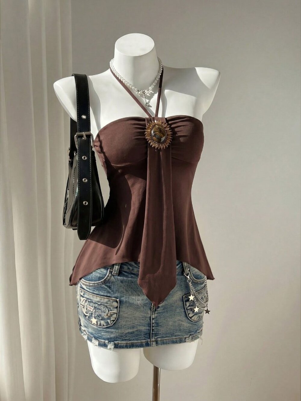 Coffee Brown Boho Women's Spaghetti Strap Distressed Floral Beaded Camisole Top